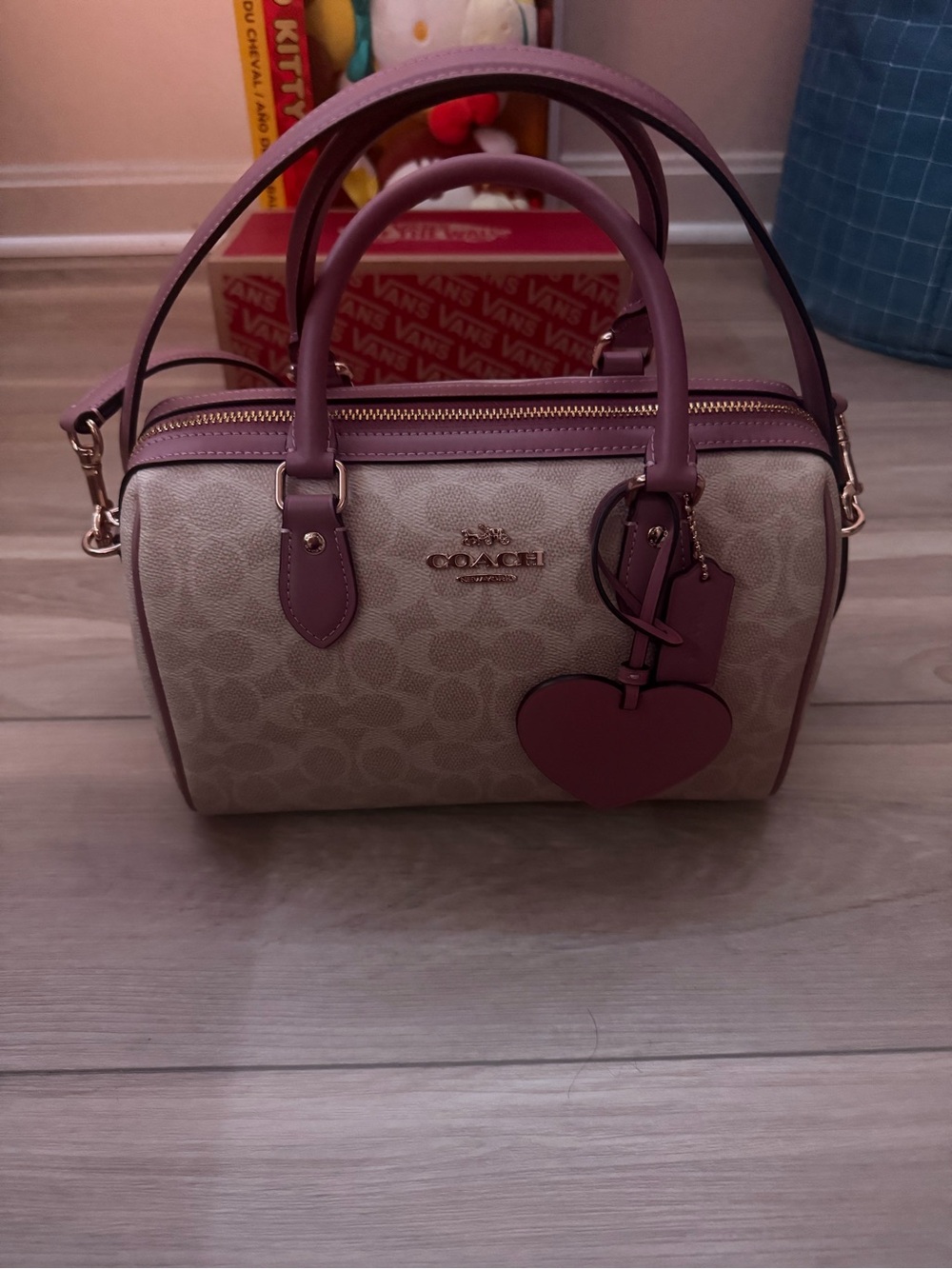 Coach Signature Canvas Rowan with Pink Trim and heart charm